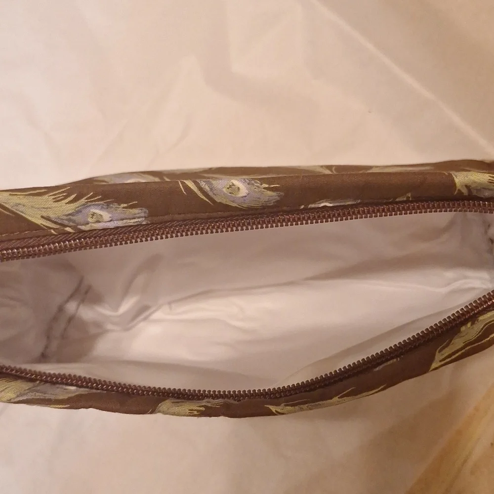 Liz Claiborne Brown Peacock Feather Print Cosmetic Makeup‎ Bag Zipper Pouch